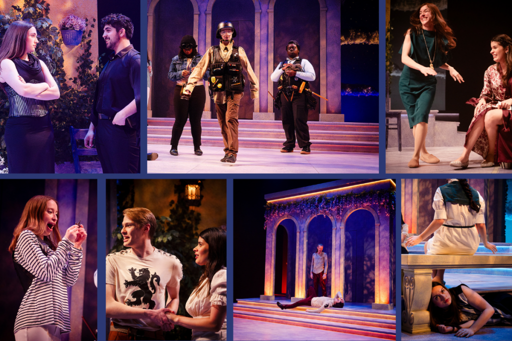 Collection of images from the CRT production of Much Ado About Nothing. The vibrancy of the scenic and lighting elements, and the costuming are highlighted.