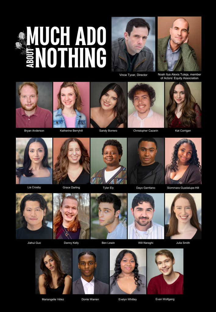 A collage of smiling headshots on a black background of the cast of Much Ado About Nothing (Spring 2025) at Connecticut Rep. 