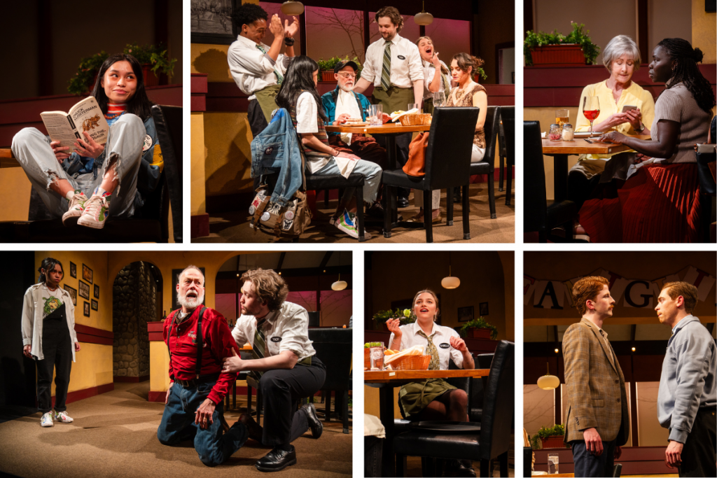 A collage of production photos from Connecticut Rep's production of Pocatello (Spring 2025.)A young woman with her feet on the chair reads a book; the staff sing Happy Birthday to an unimpressed elderly patron; two women struggle to order; a waiter helps a gentleman off the floor after a fall; a waitress sits to eat a leftover salad; two brothers have a heated moment. 