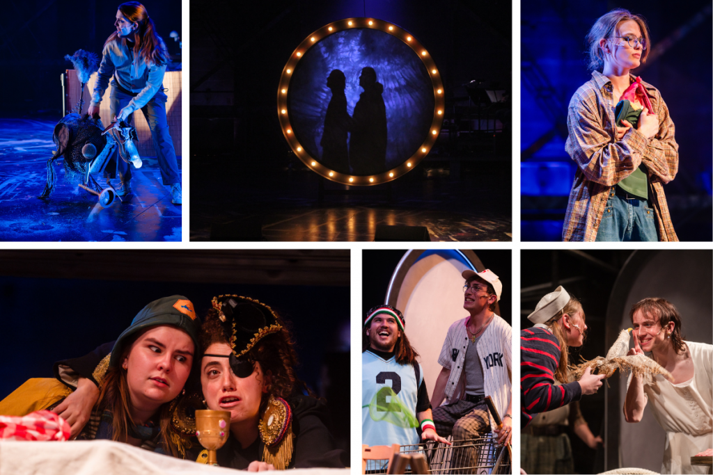 A collage of production photos from Connecticut Rep's production of The Old Man and The Old Moon (Fall 2024). An actor wrangles a dog puppet; two actors stand shadowed in a ring of light; an actor stands holding a hat to their chest; two actors in sailor and pirate costumes embrace; two actors smile in a shopping cart; two other actors hold puppets and smile at one another.
