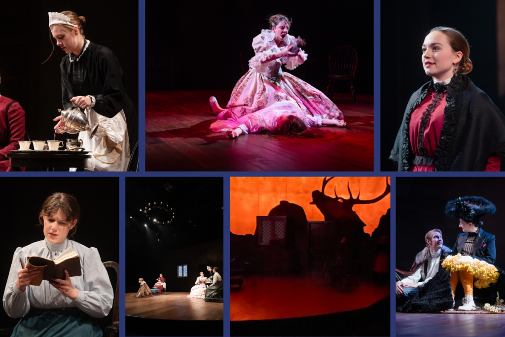 A collage of production photos from Connecticut Rep's production of The Moors (Fall 2024) featuring the cast and designs from the creative team. Huldey the maid pours tea for the guests; Huldey straddles Agatha in a murderous scene; Agatha in a slick bun and red gothic attire looks out; Emilie the governess sits reading; the characters sit in the parlor; the backdrop illuminates in a golden orange haze revealing the shadow of a deer looking upwards; The Mastiff and A Moor-hen sit together.