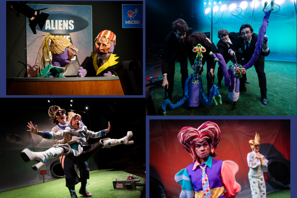 A collage of images from Connecticut Rep's production of "War of the Worlds 2023" comprised of actors and puppets. Two puppets speak behind a table wearing commedia style masks, four puppeteers show off purple alien creatures, one actor lifts another actor into a split in mid-air, two actors stand in colorful, puffy suits with foam wigs.