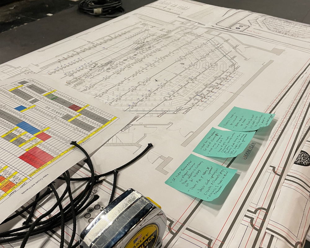 A lighting plot with locations for where to hang all the lighting equipment in the Nafe Katter Theatre. Sticky notes on teh bottom with further direction.