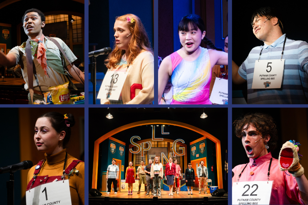 A collage of images of the spellers of Connecticut Rep's production of The 25th Annual Putnam County Spelling Bee (Spring 2024). We see Chip Tolentino in a boy scout uniform with snacks, Olive Ostrovsky in a colorful cardigan solemnly staring out in the audience, Marcy Park wearing a multi-colored athletic top, William Barfée in a striped blue polo, Logainne SchwartzandGrubenierre in red overalls with an orange sweater, and Leaf Coneybear in a pink shirt with a puppet on his hand. In the center features a photo of the entire stage with the whole cast with the letters of the word "SPELLING" hanging at varying heights.