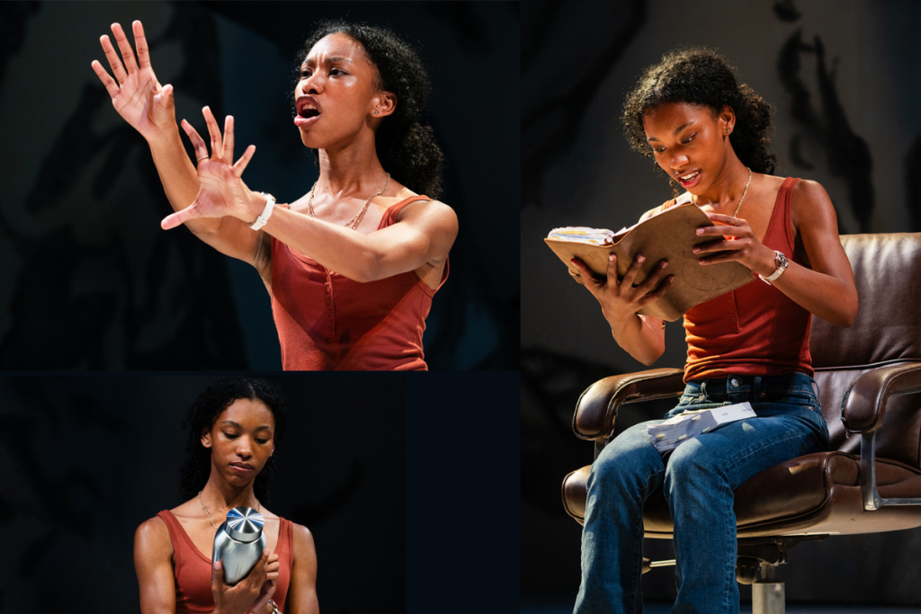 A collage of images of Guest Artist Téa Guarino from Connecticut Rep's A Hundred Words for Snow (Fall 2023) in an orange top and jeans holding her hands out, reading a book in a brown chair, and considering an urn.