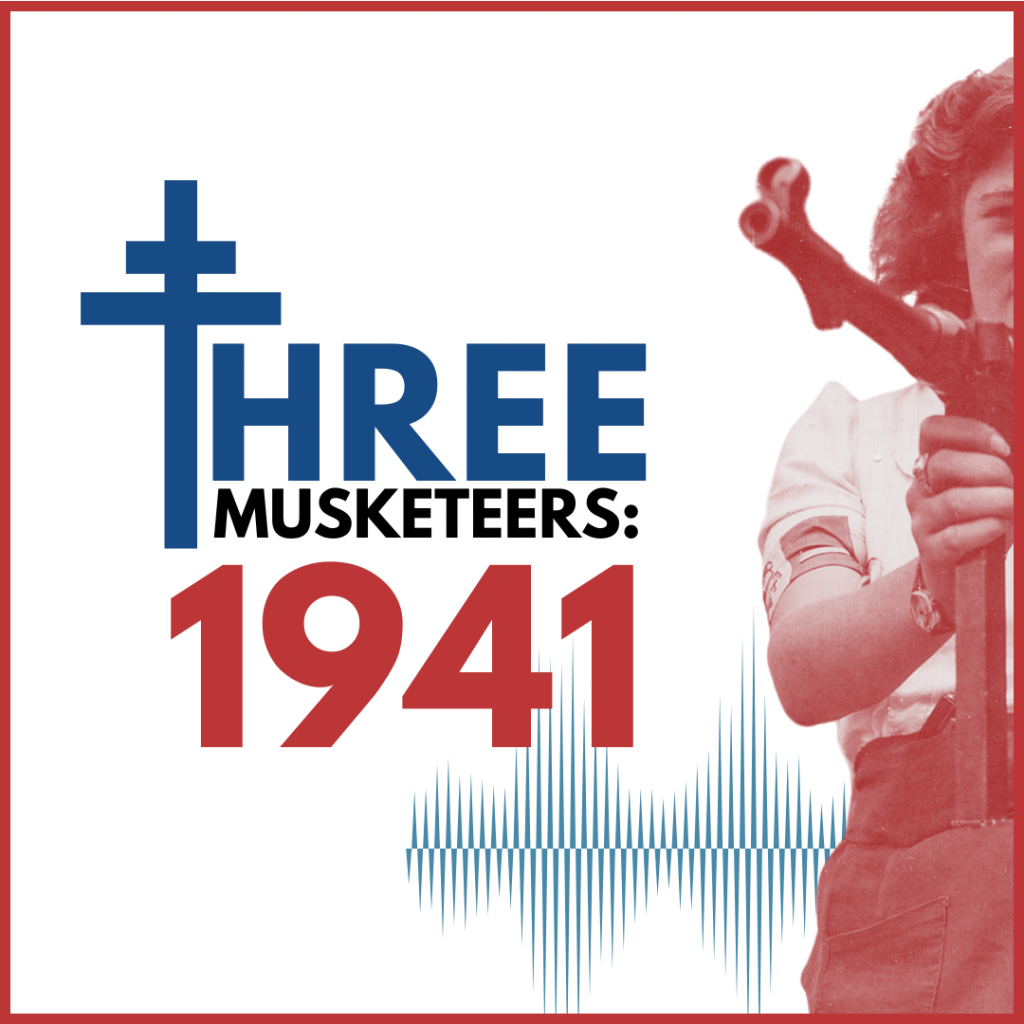 A woman dressed in 1940's attire points a firearm to the left. Text reads "Three Musketeers 1941."