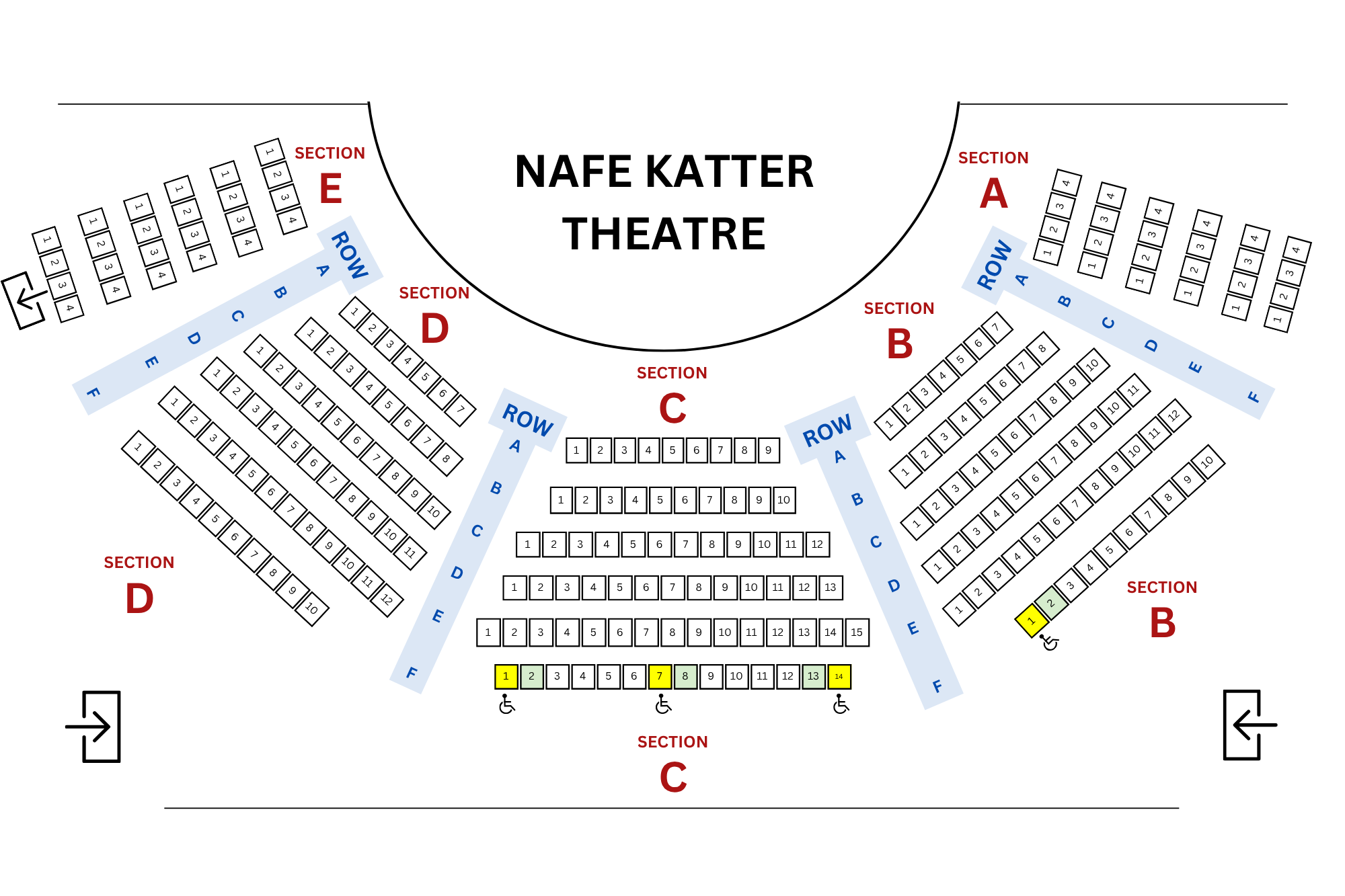 The Nafe Katter Theater seating chart. There are 5 sections, labeled A-E, each with 6 rows of seats. The theater allows seating for 233 patrons.