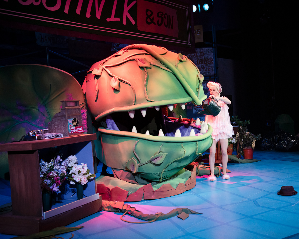 A young woman in a white negligee and hair in curlers waters a very large puppet plant, in Little Shop of Horrors.